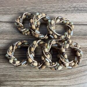 Wooden & Acrylic Bead Braided Napkin Rings Set of 7 Natural Earthy Decor